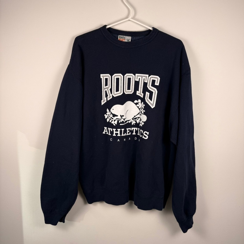 VTG Roots Athletics Canada Beaver Logo Sweatshirt Navy Blue Large Made in CANADA